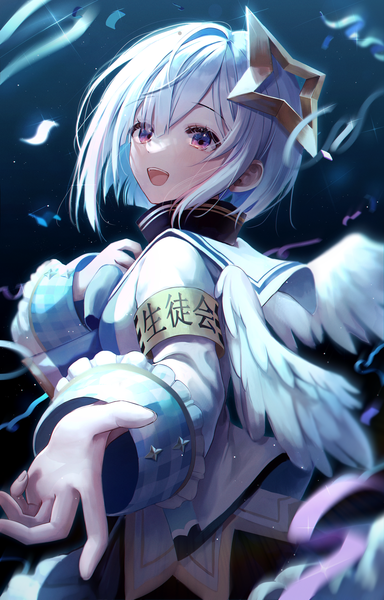 Anime picture 2964x4626 with virtual youtuber hololive amane kanata amane kanata (1st costume) myowa single tall image highres short hair open mouth purple eyes looking away silver hair upper body :d outstretched hand girl wings halo armband