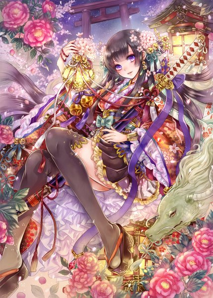 Anime picture 1000x1399 with original haruci single tall image looking at viewer blush black hair purple eyes very long hair hair flower fantasy girl thighhighs dress hair ornament flower (flowers) weapon black thighhighs sword katana