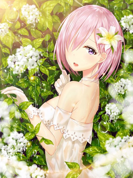 Anime picture 2400x3198 with fate (series) fate/grand order mash kyrielight mash kyrielight (formal dress) junpaku karen single tall image fringe highres short hair open mouth light erotic purple eyes bare shoulders pink hair upper body hair flower hair over one eye official alternate costume rain