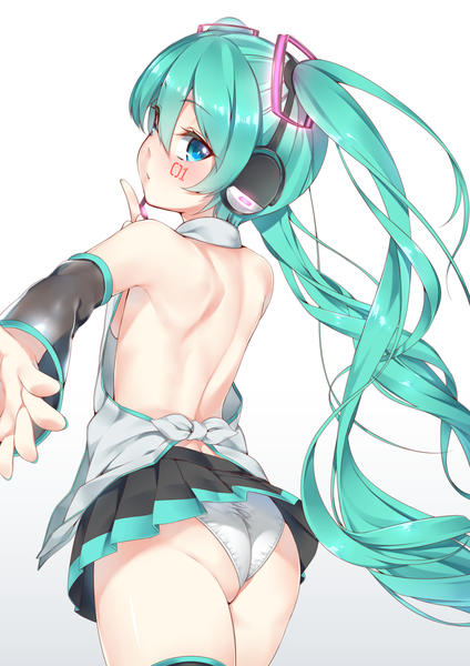 Anime picture 1000x1414 with vocaloid hatsune miku megalateo single long hair tall image looking at viewer blush fringe breasts light erotic simple background hair between eyes white background twintails bare shoulders ass long sleeves looking back aqua eyes