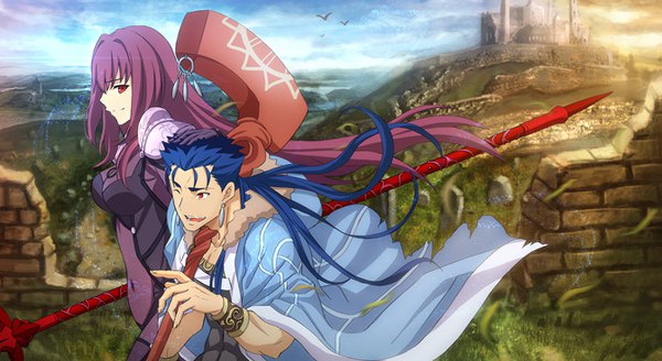 Anime picture 1343x736 with fate (series) fate/grand order fate/stay night scathach (fate) (all) scathach (fate) cu chulainn (fate) cu chulainn (fate/grand order) aora long hair fringe open mouth light erotic smile red eyes wide image blue hair looking away sky purple hair one eye closed