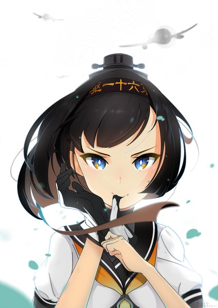 Anime picture 1500x2121 with kantai collection akizuki destroyer xieearly single long hair tall image looking at viewer blush fringe blue eyes black hair white background holding ponytail wind mouth hold glove in mouth girl gloves uniform