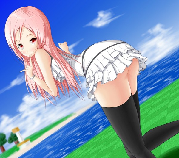 Anime picture 1166x1032 with original noppi (noppi 98) single long hair looking at viewer light erotic pink hair sky cloud (clouds) pink eyes looking back sleeveless finger to mouth girl thighhighs dress black thighhighs bracelet white dress