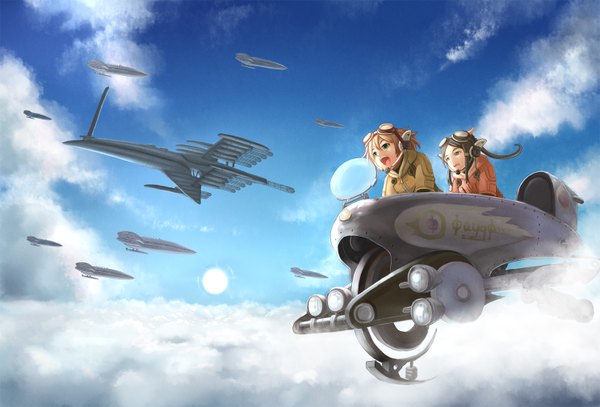 Anime picture 1485x1008 with last exile last exile: gin'yoku no fam gonzo fam fan fan giselle collette vingt chuppa long hair open mouth blue eyes black hair blonde hair multiple girls green eyes sky cloud (clouds) flying goggles on head girl 2 girls sun