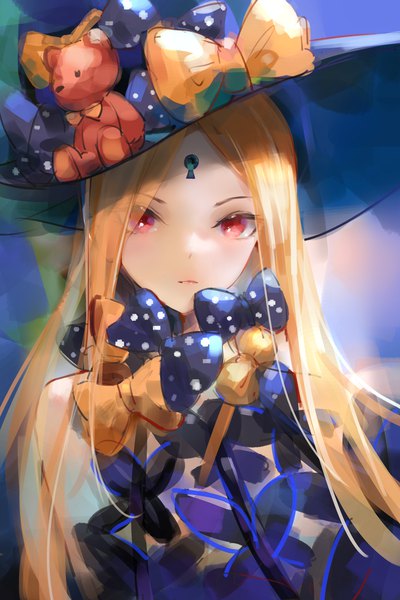 Anime picture 2000x3000 with fate (series) fate/grand order abigail williams (fate) abigail williams (second ascension) (fate) liu liaoliao single long hair tall image looking at viewer highres blonde hair red eyes upper body sketch girl bow hat toy stuffed animal stuffed toy