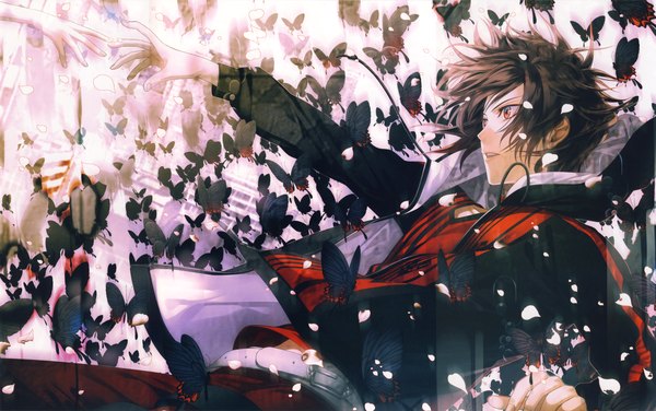 Anime picture 11141x7000 with amnesia idea factory shin (amnesia) hanamura mai single highres short hair open mouth red eyes brown hair looking away absurdres profile scan official art outstretched arm falling incredibly absurdres boy hood