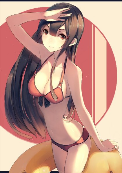 Anime picture 843x1200 with original hadean92 single long hair tall image looking at viewer blush fringe breasts light erotic smile brown hair standing bare shoulders holding from above bare legs bare belly letterboxed revision