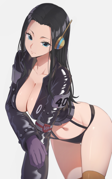 Anime picture 1415x2270 with one piece toei animation nico robin reulem single long hair tall image breasts blue eyes light erotic black hair simple background large breasts grey background girl gloves underwear panties black panties purple gloves