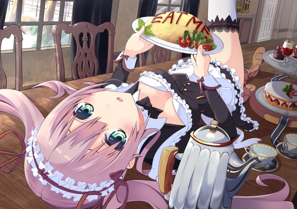 Anime picture 2508x1771 with original tsukamoto rin lchiro single long hair looking at viewer blush fringe highres twintails holding green eyes pink hair bent knee (knees) indoors parted lips grey hair inscription maid leg lift (legs lift) girl