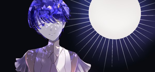 Anime picture 1500x700 with houseki no kuni phosphophyllite phosphophyllite (ll) kayanogura single looking at viewer fringe short hair wide image purple hair head tilt light smile heterochromia shaded face androgynous spoilers