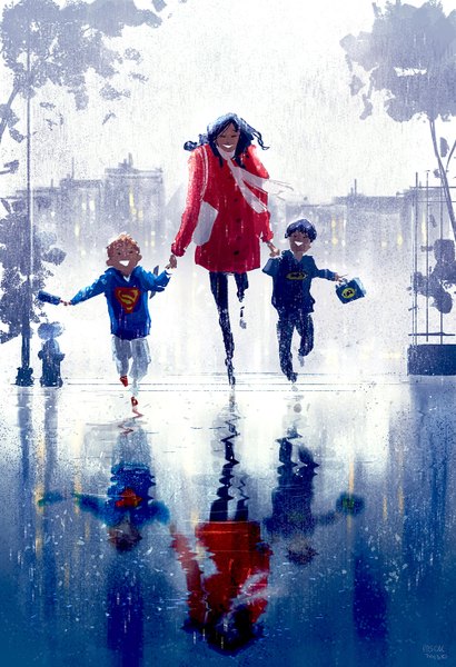 Anime picture 970x1417 with original pascal campion long hair tall image short hair open mouth blonde hair smile blue hair purple hair multiple boys dark skin city holding hands happy reflection rain cityscape running girl