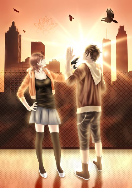 Anime picture 2480x3543 with the lavender project lumen falls jim roses yaroslavapanina tall image highres short hair blue eyes brown hair standing sky eyes closed profile sunlight open clothes open jacket hand on hip couple city cityscape