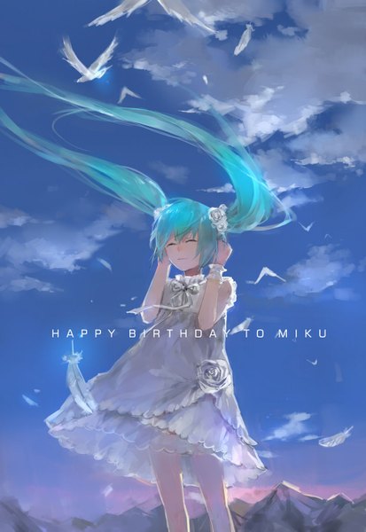 Anime picture 1000x1453 with vocaloid hatsune miku cotta single long hair tall image fringe standing twintails sky cloud (clouds) eyes closed wind aqua hair inscription mountain happy birthday girl dress hair ornament