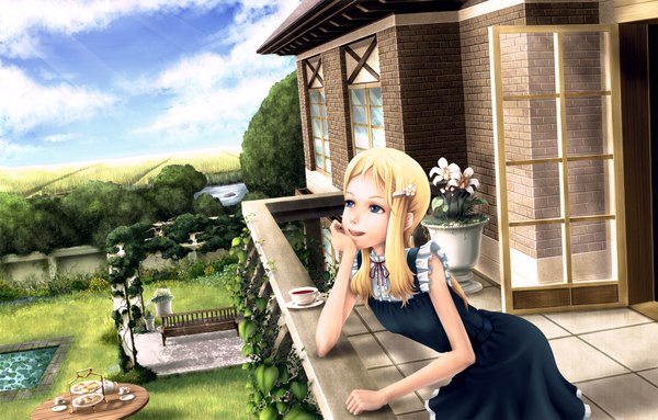 Anime picture 2000x1279 with original minusion single long hair highres blue eyes blonde hair smile cloud (clouds) girl hair ornament flower (flowers) plant (plants) hairclip cup house balcony