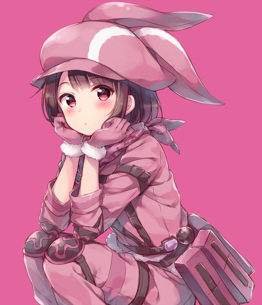 Anime picture 2000x2328 with sword art online sword art online alternative: gun gale online a-1 pictures llenn (sao) hazuki (sutasuta) single tall image looking at viewer blush highres short hair simple background red eyes brown hair squat pink background chin rest military girl gloves
