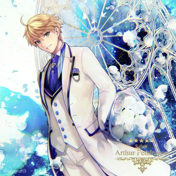 Anime picture 833x834 with fate (series) fate/prototype arthur pendragon (fate) shutsuri single tall image looking at viewer fringe short hair blonde hair hair between eyes green eyes signed ahoge parted lips character names twitter username boy flower (flowers) petals