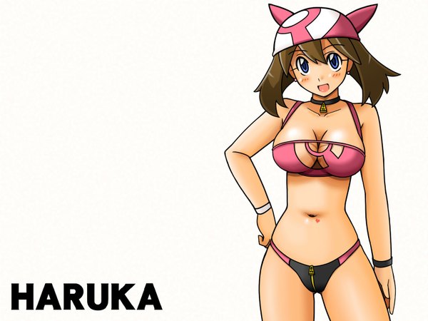 Anime picture 1600x1200 with pokemon pokemon rse nintendo may (pokemon) highres breasts open mouth blue eyes light erotic brown hair large breasts wallpaper hand on hip adult navel swimsuit bikini choker heart bandana