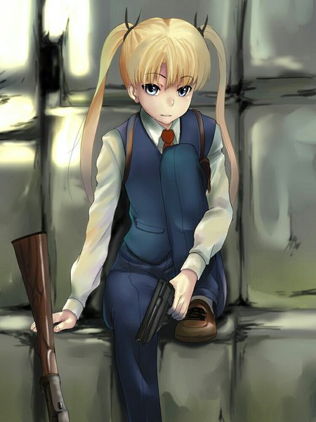 Anime picture 750x1000 with gunslinger girl madhouse triela dak single long hair tall image looking at viewer blue eyes blonde hair sitting twintails holding light smile girl weapon necktie gun vest pistol