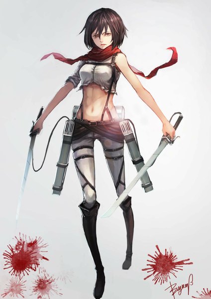 Anime picture 1500x2121 with shingeki no kyojin production i.g mikasa ackerman bryanth single tall image looking at viewer short hair simple background red eyes brown hair bare shoulders holding signed grey background dual wielding girl navel weapon sword
