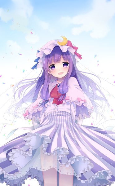 Anime-Bild 1238x2000 mit touhou patchouli knowledge shiika yuno single long hair tall image looking at viewer blush fringe open mouth purple eyes sky purple hair cloud (clouds) from below hands behind back girl dress bonnet confetti