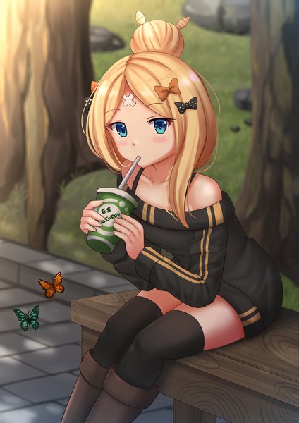 Anime picture 1200x1697 with fate (series) fate/grand order abigail williams (fate) kazenokaze single long hair tall image looking at viewer blush fringe blue eyes blonde hair sitting bare shoulders holding outdoors long sleeves fingernails blurry hair bun (hair buns)