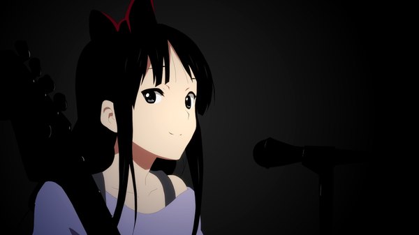 Anime picture 1916x1078 with k-on! kyoto animation akiyama mio highres black hair wide image black eyes girl bow hair bow microphone guitar