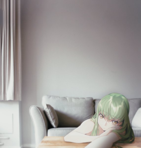 Anime picture 3383x3548 with code geass sunrise (studio) c.c. evrmore single long hair tall image looking at viewer fringe highres hair between eyes yellow eyes absurdres indoors lying head tilt green hair photo background girl pillow
