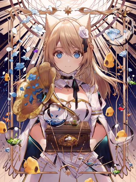 Anime picture 1000x1335 with original necomi (gussan) single long hair tall image looking at viewer blush fringe breasts blue eyes blonde hair smile hair between eyes standing holding animal ears cleavage braid (braids) hair flower cat ears