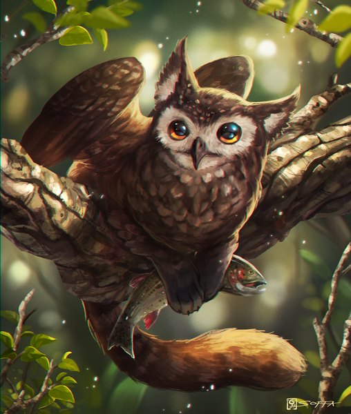 Anime picture 1000x1180 with manusia-no-31 tall image signed animal ears tail animal tail cat ears cat tail orange eyes animal bird (birds) leaf (leaves) fish (fishes) branch owl