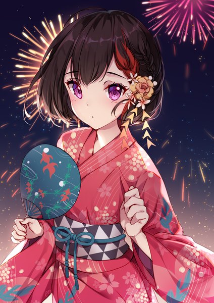 Anime picture 1000x1414 with bang dream! mitake ran bison cangshu single tall image looking at viewer blush fringe short hair black hair standing purple eyes holding outdoors braid (braids) traditional clothes japanese clothes multicolored hair night wide sleeves