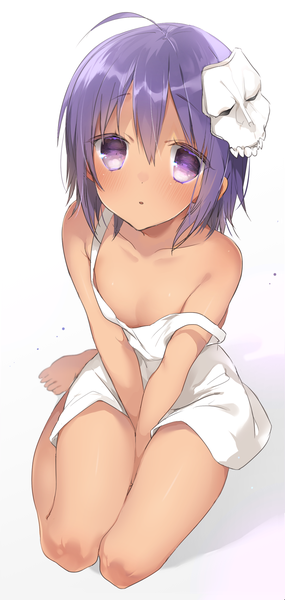 Anime picture 1186x2498 with fate (series) fate/zero child assassin (fate/zero) sino (sionori) single tall image looking at viewer blush fringe short hair breasts light erotic simple background hair between eyes white background sitting purple eyes cleavage purple hair full body