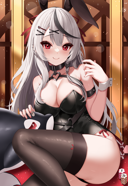 Anime picture 6170x8962 with virtual youtuber hololive sakamata chloe roina single long hair tall image looking at viewer blush fringe highres breasts light erotic smile red eyes large breasts sitting animal ears absurdres cleavage