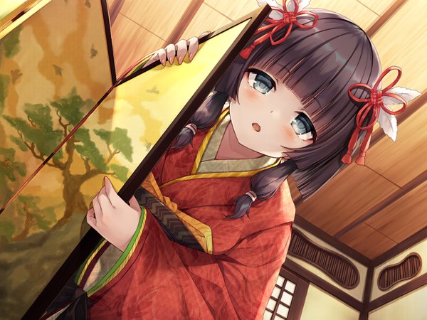 Anime picture 3000x2250 with ayakashi kyoushuutan ookaburo chise hasumi (hasubatake39) single looking at viewer blush fringe highres short hair open mouth blue eyes black hair standing indoors traditional clothes japanese clothes fingernails wide sleeves from below dutch angle
