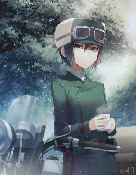 Anime picture 620x800 with kino no tabi kino (kino no tabi) hermes angel31424 single tall image looking at viewer fringe short hair black hair hair between eyes standing holding green eyes signed payot outdoors expressionless girl plant (plants)