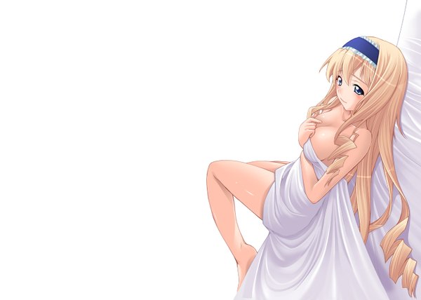 Anime picture 1400x1000 with infinite stratos 8bit cecilia orcott single long hair breasts blue eyes light erotic blonde hair simple background white background lying drill hair girl bow hair bow hairband
