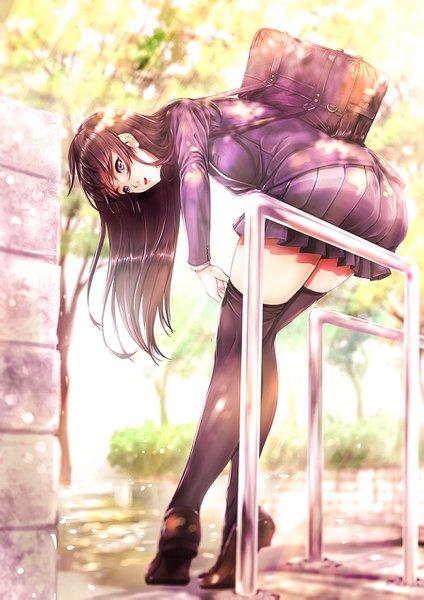 Anime picture 900x1273 with original konekoneko (indonesia) single long hair tall image looking at viewer open mouth light erotic black hair purple eyes full body outdoors head tilt adjusting clothes girl thighhighs skirt uniform black thighhighs school uniform