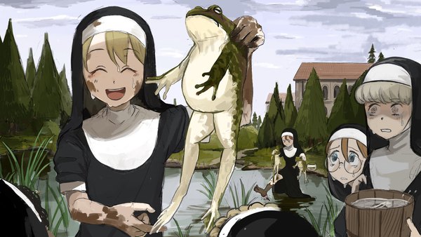 Anime-Bild 2048x1152 mit little nuns (diva) protagonist nun (diva) glasses nun (diva) hook-bang nun (diva) sheep nun (diva) diva (hyxpk) highres open mouth blonde hair wide image multiple girls holding looking away sky cloud (clouds) outdoors eyes closed partially submerged 6+ girls ^ ^