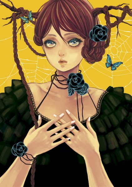 Anime picture 1748x2480 with original zihling single long hair tall image looking at viewer highres blue eyes brown hair braid (braids) nail polish horn (horns) hand on chest yellow background girl dress flower (flowers) rose (roses) insect butterfly