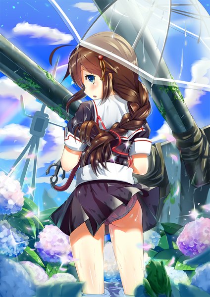 Anime picture 768x1086 with kantai collection shigure destroyer qian wu atai single long hair tall image looking at viewer blush open mouth blue eyes light erotic brown hair sky cloud (clouds) braid (braids) looking back pantyshot remodel (kantai collection) transparent umbrella girl