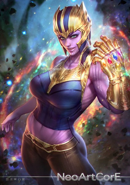 Anime picture 800x1132 with marvel comics avengers thanos nudtawut thongmai single tall image looking at viewer breasts large breasts green eyes signed realistic inscription watermark genderswap purple skin girl single glove helmet