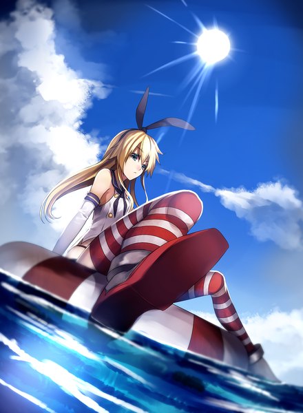Anime picture 1100x1500 with kantai collection shimakaze destroyer uu uu zan single long hair tall image blue eyes blonde hair sky cloud (clouds) afloat girl thighhighs gloves bow hair bow elbow gloves sea striped thighhighs sailor suit