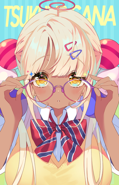 Anime picture 1500x2319 with virtual youtuber hololive hololive english tsukumo sana parfait (ryunghu) single long hair tall image looking at viewer blush blonde hair twintails yellow eyes upper body character names dark skin adjusting glasses bespectacled aqua background limiter (tsukumo sana)