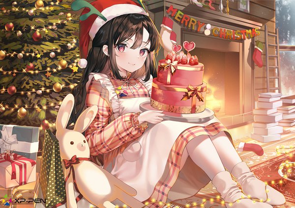 Anime picture 1500x1060 with original kinty single long hair looking at viewer blush fringe black hair smile red eyes sitting holding payot indoors long sleeves sparkle christmas merry christmas fake antlers girl