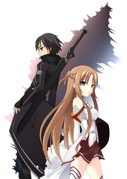 Anime picture 2507x3541 with sword art online a-1 pictures yuuki asuna kirigaya kazuto kurose kanata long hair tall image highres short hair black hair brown hair brown eyes couple girl thighhighs boy gloves weapon detached sleeves white thighhighs