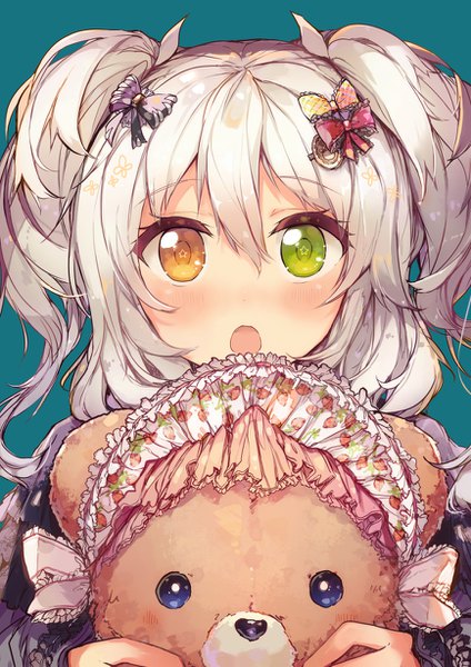 Anime picture 868x1228 with original camomi single long hair tall image looking at viewer blush fringe open mouth simple background hair between eyes holding green eyes silver hair upper body :o orange eyes two side up heterochromia floral print