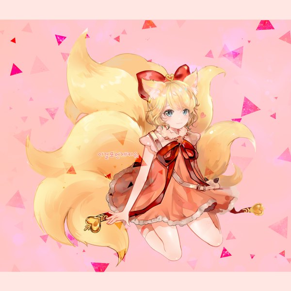 Anime picture 3000x3000 with original 96dgd single looking at viewer blush fringe highres short hair blue eyes blonde hair sitting animal ears tail inscription outstretched arm wariza multiple tails :3 girl dress