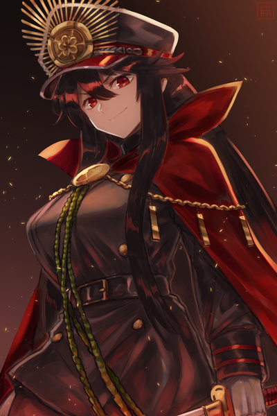 Anime picture 1000x1500 with fate (series) fate/grand order koha-ace oda nobunaga (fate) (all) oda nobunaga (fate) fumafu single long hair tall image looking at viewer fringe breasts black hair simple background smile hair between eyes red eyes large breasts standing holding