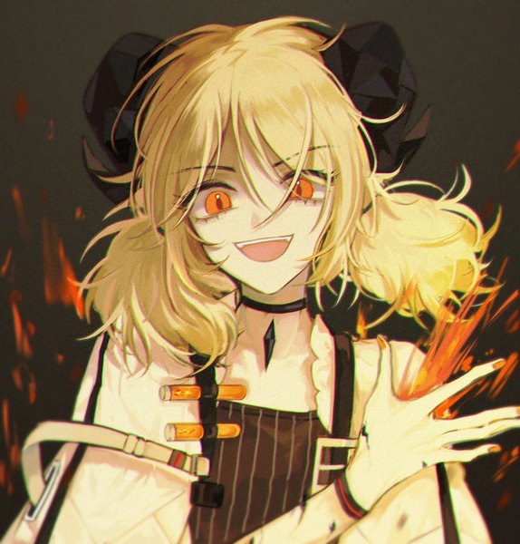 Anime picture 1616x1688 with arknights ifrit (arknights) migan single long hair tall image looking at viewer open mouth blonde hair twintails upper body nail polish :d horn (horns) orange eyes low twintails orange nail polish girl choker