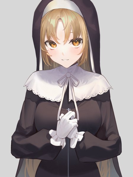 Anime picture 1080x1440 with virtual youtuber nijisanji sister cleaire aya (lezon) single long hair tall image looking at viewer blush fringe simple background blonde hair payot upper body long sleeves parted lips light smile grey background orange eyes hands clasped