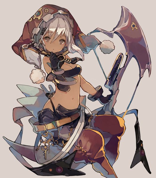 Anime picture 1789x2048 with road to dragons chobi (sakuyasakuhana) single tall image looking at viewer fringe highres short hair breasts open mouth simple background hair between eyes brown eyes cleavage silver hair grey background midriff girl gloves weapon